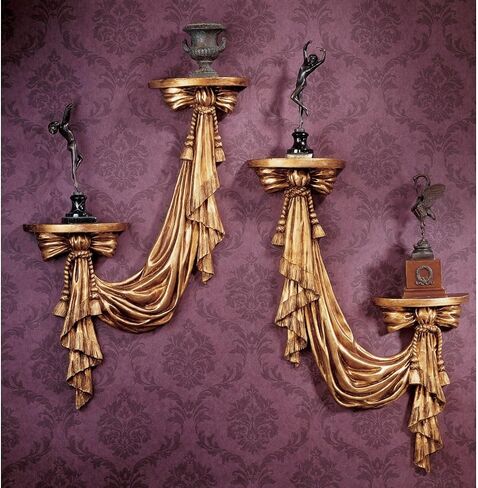 Design Toscano Louis Draped Swags Sculptural Wall Display Shelf Home Accents, Set of Two, 25 inches tall, Cast Stone Resin, Antique Gold Finish in Saudi Arabia