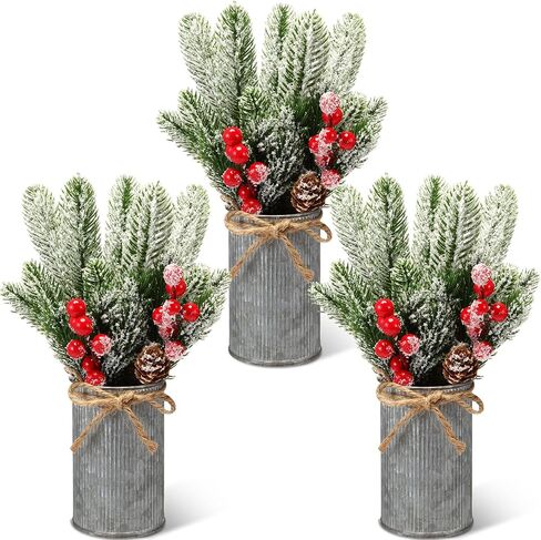 3 Sets Christmas Centerpiece Table Decorations Xmas Floral Arrangement Farmhouse Galvanized Pot with Pine Cone Red Holly Berry Pick Christmas Decor for Table Indoor Kitchen Shelf Mantle(3 Colors) in Saudi Arabia