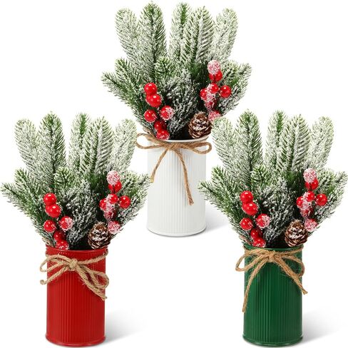 3 Sets Christmas Centerpiece Table Decorations Xmas Floral Arrangement Farmhouse Galvanized Pot with Pine Cone Red Holly Berry Pick Christmas Decor for Table Indoor Kitchen Shelf Mantle(3 Colors) in Saudi Arabia