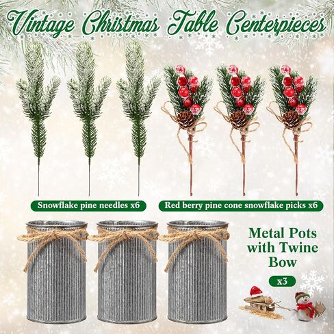 3 Sets Christmas Centerpiece Table Decorations Xmas Floral Arrangement Farmhouse Galvanized Pot with Pine Cone Red Holly Berry Pick Christmas Decor for Table Indoor Kitchen Shelf Mantle(3 Colors) in Saudi Arabia