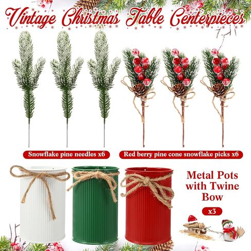 3 Sets Christmas Centerpiece Table Decorations Xmas Floral Arrangement Farmhouse Galvanized Pot with Pine Cone Red Holly Berry Pick Christmas Decor for Table Indoor Kitchen Shelf Mantle(3 Colors) in Saudi Arabia