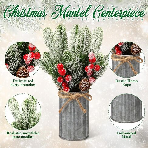 3 Sets Christmas Centerpiece Table Decorations Xmas Floral Arrangement Farmhouse Galvanized Pot with Pine Cone Red Holly Berry Pick Christmas Decor for Table Indoor Kitchen Shelf Mantle(3 Colors) in Saudi Arabia