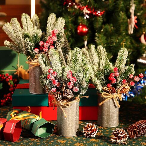 3 Sets Christmas Centerpiece Table Decorations Xmas Floral Arrangement Farmhouse Galvanized Pot with Pine Cone Red Holly Berry Pick Christmas Decor for Table Indoor Kitchen Shelf Mantle(3 Colors) in Saudi Arabia