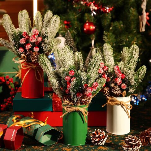 3 Sets Christmas Centerpiece Table Decorations Xmas Floral Arrangement Farmhouse Galvanized Pot with Pine Cone Red Holly Berry Pick Christmas Decor for Table Indoor Kitchen Shelf Mantle(3 Colors) in Saudi Arabia