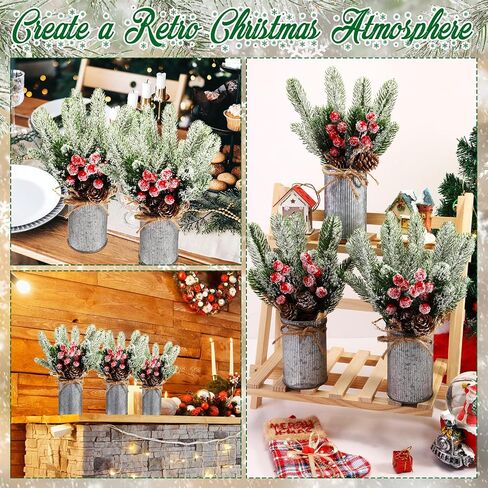 3 Sets Christmas Centerpiece Table Decorations Xmas Floral Arrangement Farmhouse Galvanized Pot with Pine Cone Red Holly Berry Pick Christmas Decor for Table Indoor Kitchen Shelf Mantle(3 Colors) in Saudi Arabia