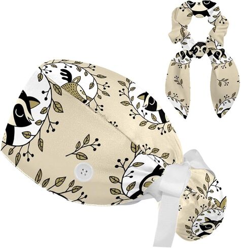 Cute Black Cat Scrub Cap, Adjustable Working Cap with Button, Bouffant Caps with Bow Hair Scrunchy in Kuwait