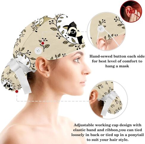 Cute Black Cat Scrub Cap, Adjustable Working Cap with Button, Bouffant Caps with Bow Hair Scrunchy in Kuwait