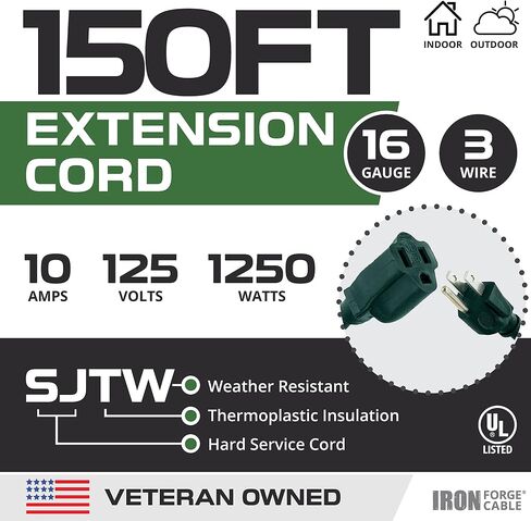Iron Forge Cable 20 Foot Outdoor Extension Cord, 16/3 Green 20 Foot Extension Cord Indoor/Outdoor Use, 3 Prong, Weatherproof Jacket Extension Cord, Great for Gardens, Landscaping, Lawn Mower and More in Kuwait