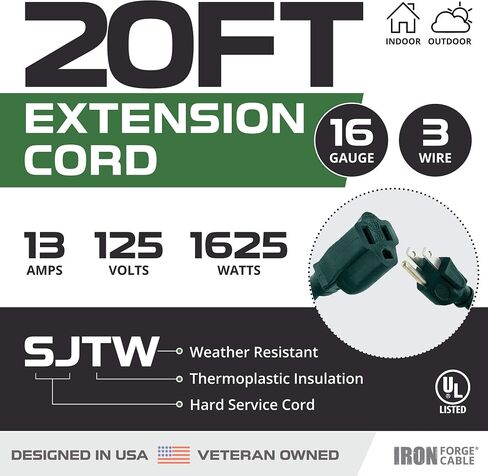 Iron Forge Cable 20 Foot Outdoor Extension Cord, 16/3 Green 20 Foot Extension Cord Indoor/Outdoor Use, 3 Prong, Weatherproof Jacket Extension Cord, Great for Gardens, Landscaping, Lawn Mower and More in Kuwait