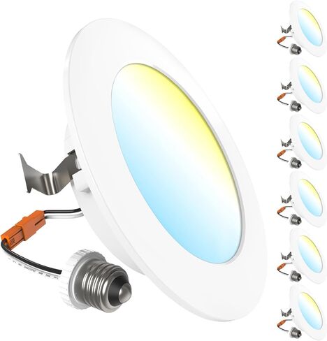 Sunco 4 عبوات 5CCT LED إضاءة غائرة 6 بوصات، 1200 LM سطوع عالٍ، مصابيح مسطحة رفيعة للغاية، 2700K/3000K/4000K/5000K/6000K قابلة للتحديد، قابلة للتعتيم، 15 وات، تركيب تحديثي - مدرج في قائمة UL in Kuwait
