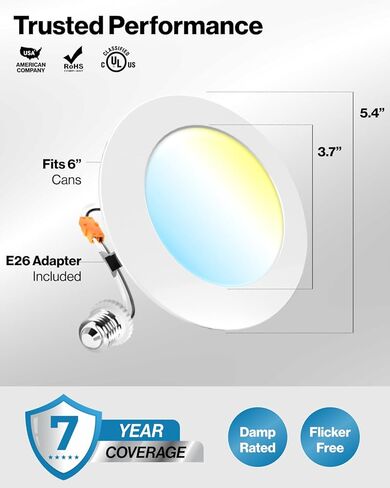 Sunco 4 عبوات 5CCT LED إضاءة غائرة 6 بوصات، 1200 LM سطوع عالٍ، مصابيح مسطحة رفيعة للغاية، 2700K/3000K/4000K/5000K/6000K قابلة للتحديد، قابلة للتعتيم، 15 وات، تركيب تحديثي - مدرج في قائمة UL in Kuwait
