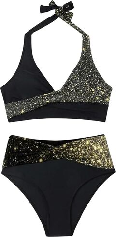 GORGLITTER Women's Color Block Halter Bikini Sets Glitter High Waisted Cheeky Swimsuit Modest Bathing Suit in Kuwait