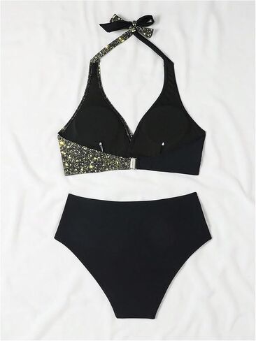 GORGLITTER Women's Color Block Halter Bikini Sets Glitter High Waisted Cheeky Swimsuit Modest Bathing Suit in Kuwait
