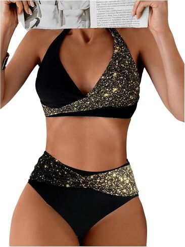 GORGLITTER Women's Color Block Halter Bikini Sets Glitter High Waisted Cheeky Swimsuit Modest Bathing Suit in Kuwait