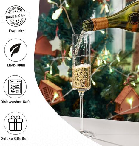 مزامير الشمبانيا الكريستالية، مجموعة أكواب الشمبانيا المنفوخة يدويًا مكونة من 4 قطع للنساء والرجال، هدية فريدة لعيد الميلاد والزفاف والذكرى السنوية - 6.7 أونصة، شفافة in Kuwait