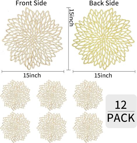 Herda Gold Table Placemats Set of 12, Gold Vinyl Table Mats 12 Pcs, Gold Plates Chargers Round Dining Place Mats for Christmas, Thanksgiving, Wedding Table Decoration, Gold Leaf Holiday Plate Chargers in Kuwait