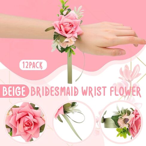 Jexine 12 Pcs Pink Wrist Corsages for Prom Bridal Hand Flower Corsage Pink Rose Corsage Bracelet Prom Flower Wrist Corsage for Bride Bridesmaid Women Wedding Party Homecoming Graduation in Saudi Arabia