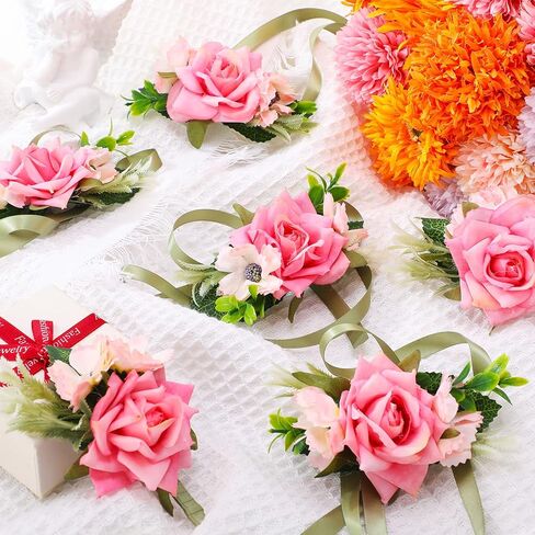 Jexine 12 Pcs Pink Wrist Corsages for Prom Bridal Hand Flower Corsage Pink Rose Corsage Bracelet Prom Flower Wrist Corsage for Bride Bridesmaid Women Wedding Party Homecoming Graduation in Saudi Arabia