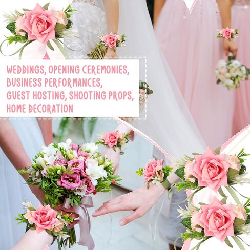 Jexine 12 Pcs Pink Wrist Corsages for Prom Bridal Hand Flower Corsage Pink Rose Corsage Bracelet Prom Flower Wrist Corsage for Bride Bridesmaid Women Wedding Party Homecoming Graduation in Saudi Arabia