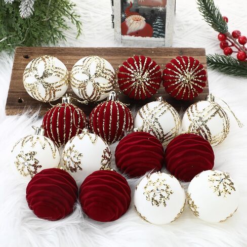 16 Pieces 2.4 Inch Christmas Velvet Balls Set Glitter Christmas Tree Ornaments Shatterproof Ornaments Bulk Xmas Ornament for Holiday Party Favors Decoration(Red, White) in Kuwait