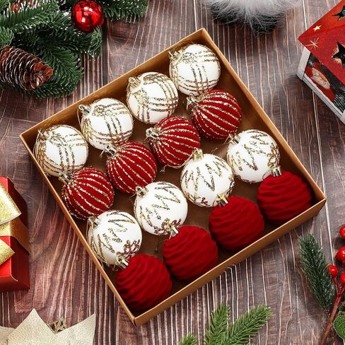 16 Pieces 2.4 Inch Christmas Velvet Balls Set Glitter Christmas Tree Ornaments Shatterproof Ornaments Bulk Xmas Ornament for Holiday Party Favors Decoration(Red, White) in Kuwait