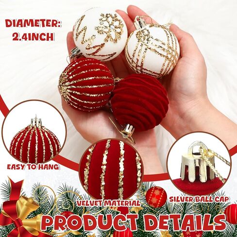 16 Pieces 2.4 Inch Christmas Velvet Balls Set Glitter Christmas Tree Ornaments Shatterproof Ornaments Bulk Xmas Ornament for Holiday Party Favors Decoration(Red, White) in Kuwait