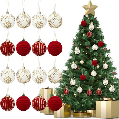 16 Pieces 2.4 Inch Christmas Velvet Balls Set Glitter Christmas Tree Ornaments Shatterproof Ornaments Bulk Xmas Ornament for Holiday Party Favors Decoration(Red, White) in Kuwait