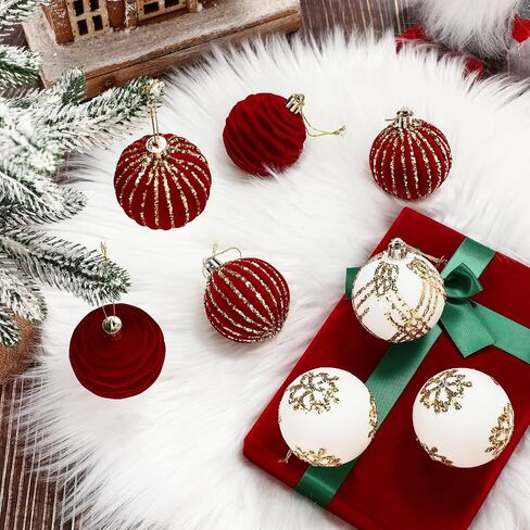 16 Pieces 2.4 Inch Christmas Velvet Balls Set Glitter Christmas Tree Ornaments Shatterproof Ornaments Bulk Xmas Ornament for Holiday Party Favors Decoration(Red, White) in Kuwait