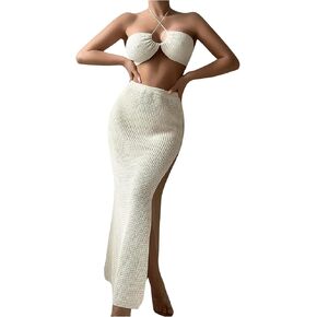 SHENHE Women's Two Piece Cover Up Set Cross Halter Neck Cover Up Top with High Split Long Beach Skirt