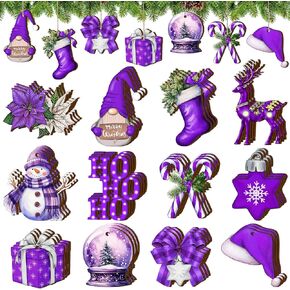 Huwena 36 Pcs Christmas Wooden Ornaments Purple Christmas Decorations for Tree Snowman Gnomes Poinsettia Flowers Truck Wreath Wood Cutouts Tags with Ropes Winter Christmas Decor for Xmas Tree Gifts
