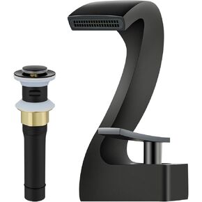 Bathroom Faucet Black and Gold，Single Hole Single Handle Solid Brass Bathroom Sink Faucet，Unique Arcuate Waterfall Faucet Black for Modern Bathroom Vanity with Pop-Up Drain and Supply Hoses