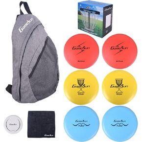 DISC Golf Set Includes 1pc Heavy Duty Nylon Backpack Bag, 2pcs Drivers, 2pcs Mid-Ranges, 2pcs Putters, 1pc Mini Disc Marker, 1pc 12"x12" Embroider Logo Black Towel and 1pc Gift Color Box