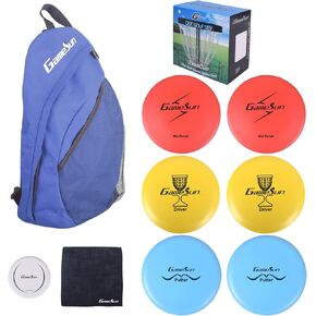 تتضمن مجموعة DISC Golf قطعة واحدة من حقيبة الظهر المصنوعة من النايلون عالي التحمل، وقطعتين من المحركات، وقطعتين من النطاقات المتوسطة، وقطعتين من مضارب الجولف، وقطعة واحدة من قلم تحديد القرص الصغير، ومنشفة سوداء بشعار مطرز مقاس 12 × 12 بوصة، وقطعة واحدة من