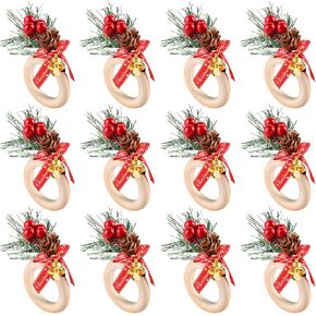 مجموعة حلقات مناديل عيد الميلاد المكونة من 12 حلقة، حلقات منديل ريفية مصنوعة يدويًا من أكواز الصنوبر والتوت، حامل حلقة منديل لديكور طاولة عيد الميلاد وحفلات الزفاف الشتوية in Kuwait