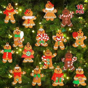 16pcs Gingerbread Ornaments for Christmas Tree Decorations, Gingerbread Man Christmas Decor Hanging Charms Mini Christmas Ornaments 2.8x2'' Cute Gingerbread House Decor Xmas Holiday Indoor Decoration