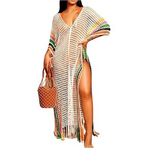 SOLY HUX Women's Hollow Out Fringe Hem Cover Up Dress V Neck Striped Split Sheer Swimsuit Bathing Suit