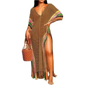 SOLY HUX Women's Hollow Out Fringe Hem Cover Up Dress V Neck Striped Split Sheer Swimsuit Bathing Suit