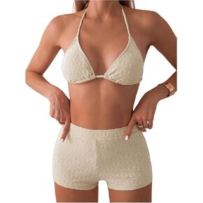 SOLY HUX Women's Halter Bikini Set 2 Piece Swimsuits Triangle Top with Shorts Bathing Suits