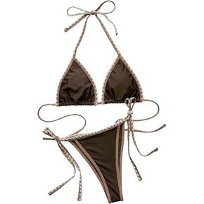 SHENHE Women's Halter Bikini Sets Triangle Tie Side Thong Colorblock String Two Piece Swimsuit