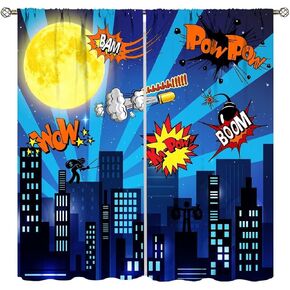 Super City Hero Children Window Curtains,Comics Style Urban Superhero Cartoon Window Treatments for Kids Boys Bedroom Nursery Décor Drapes 2 Panel Sets Total Size 42" x 45"