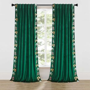 Roslynwood Luxury Velvet Curtains Back Tab 84 Inches Long, Colorful Flower Embroidered Green Curtains Farmhouse Country Panels, Window Drapes for Living Bedroom, 52W x 84L Inch, 2 Panels
