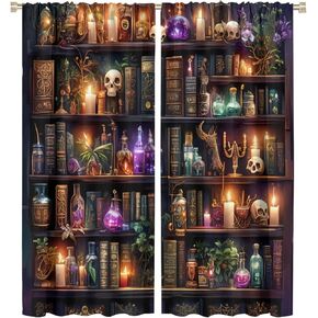 Gothic Library Book Blackout Curtains, Retro Bookshelf Skull Floral Candles Home Decor Rod Pocket Window Drapes for Living Room Bedroom- 2 Panels 63" L x 42" W