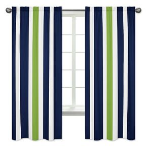 Sweet Jojo Designs Navy Blue, Lime Green and White Window Treatment Panels for Stripe Collection - Set of 2