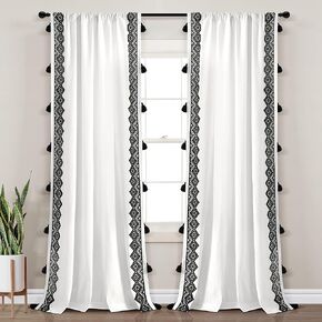 Lush Decor Aztec Diamond Border Tassel Window Curtain Panel (Single Panel), 52" W x 84" L, Off-White & Black