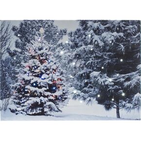 Christmas Tree in Forest LED Lighted Canvas Pictures with Timer, for Tabletop Decor, Small Wall Canvas Paintings Art 6"x8", Light up Print Nightlight with Optic Fiber Lights Built In, Run by Batteries