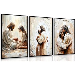3pcs JESUS Canvas Wall Art Jesus Embracing Woman Pictures Jesus and Woman Prayer Posters Christian Heals Beige Texture Paintings Wall Decor for Bedroom Living Room Church Home Decoration Unframed