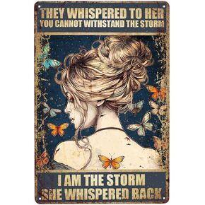 Hippie Boho Vintage Metal Poster Sign Decor Encouragement Gifts for Women-She Whispered Back I Am The Storm Retro Aluminum Metal Tin Sign for Rustic Bedroom Living Room Home Office, 12''x 8''