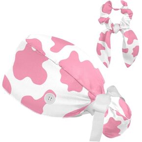 Work Caps Bouffant Surgical Cap with Hair Tie Cow Skin Print Pink Ponytail Holder Tie Back Scrub Hat