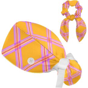 Yellow Orange Pattern Working Caps with Buttons Adjustable Bouffant Hats Tie Back Caps with Hairband