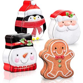 Whaline Christmas Tin Box Xmas Card Tin Box Metal Cookie Tin Box with Lid Assorted Card Holder Containers for Party Decor Supplies Santa Clause Snowman Gingerbread Penguin, 4 Pack